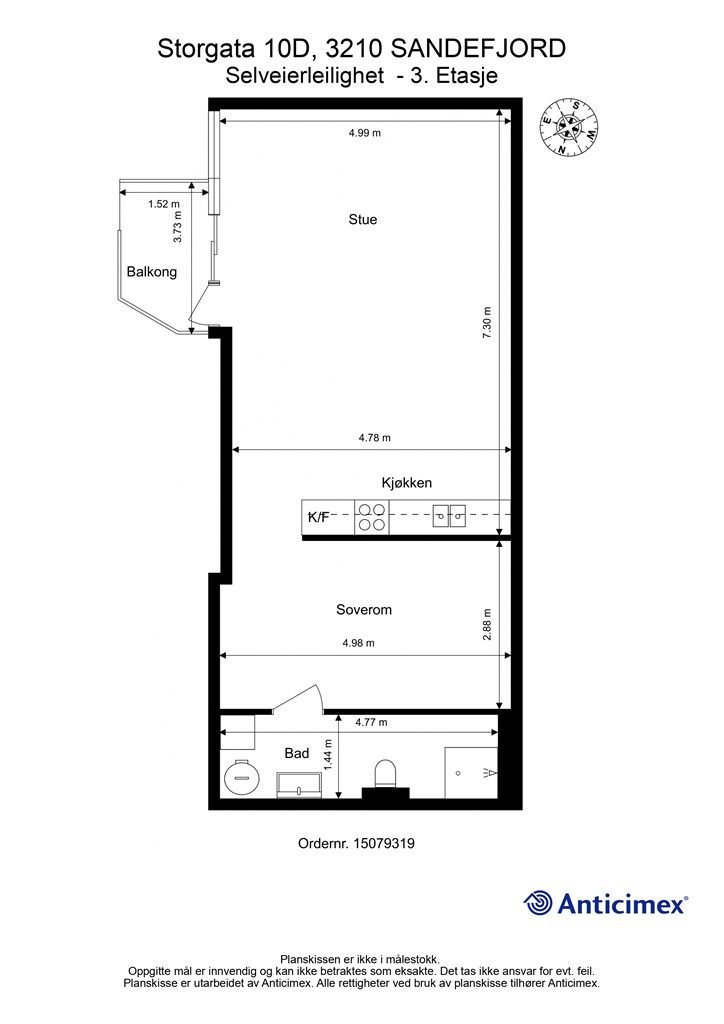Plantegning 3.etg. - Leiligheten er innredet med en sovealkove 