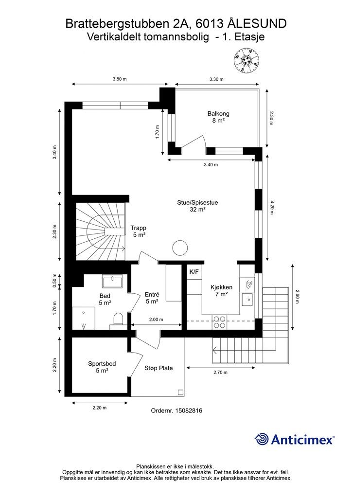 Plantegning 1. et/hovedetasje - 2D med mål