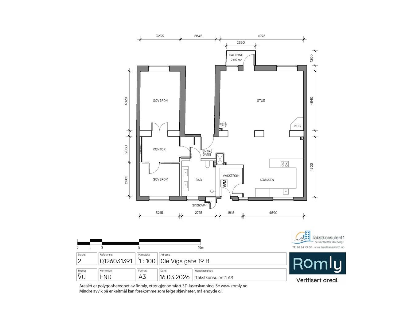 Leiligheten har en smart planløsning med en tydelig adskilt soveavdeling, eget vaskerom og en dedikert plass for hjemmekontor.