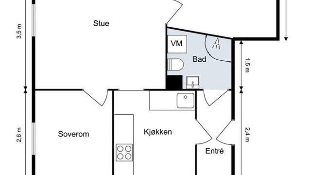 Leiligheten har en arealeffektiv planløsning som skiller soverommene fra de sosiale sonene. Fra kjøkkenet er det direkte utgang til balkong.