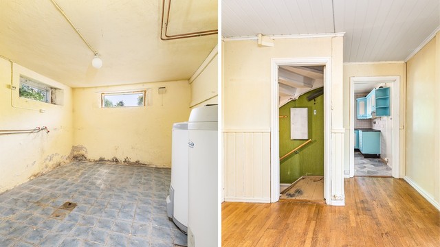 Seksjonen i første etasje disponerer også kjelleren. Seksjonen i andre etasje har imidlertid tilgang til stoppekran og egen varmtvannsbereder.