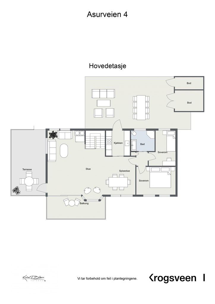 Hovedetasjen har en sosial og åpen planløsning. Her finner du stue, spisestue, kjøkken, to soverom og et bad, samt utgang til tre uteplasser.