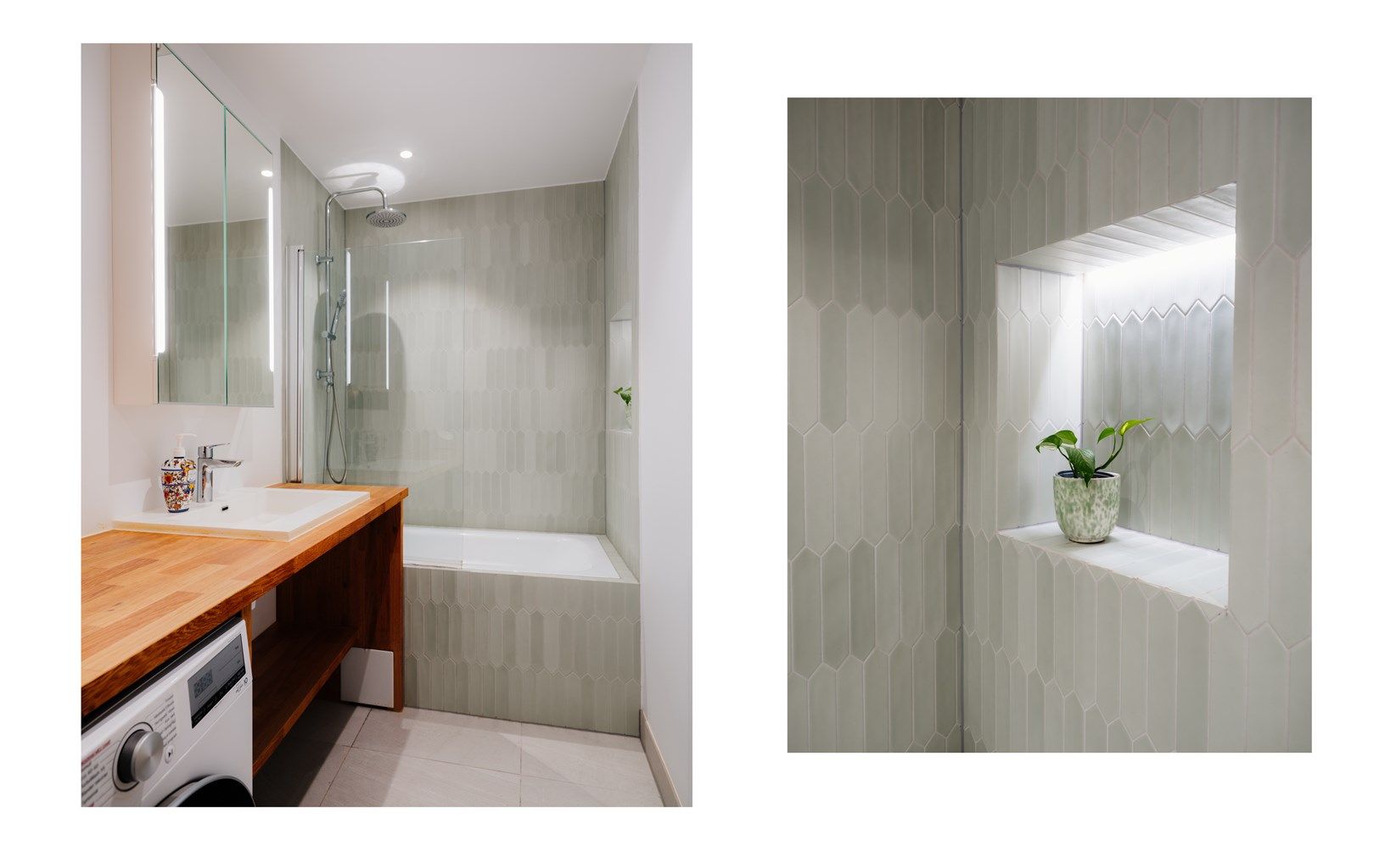 Badet er innredet med servant med innredning, speil med belysning og badekar med dusjløsning.