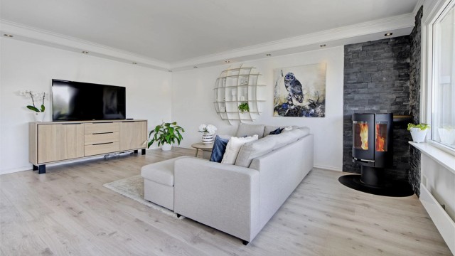 Stue - moderne peisovn - vinduer og balkongdør i leiligheten fra 2008