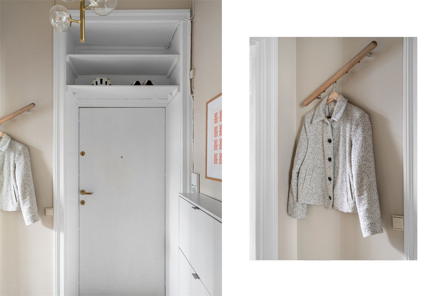 Entreen har lyse, delikate overflater og klassisk listverk i himling. 