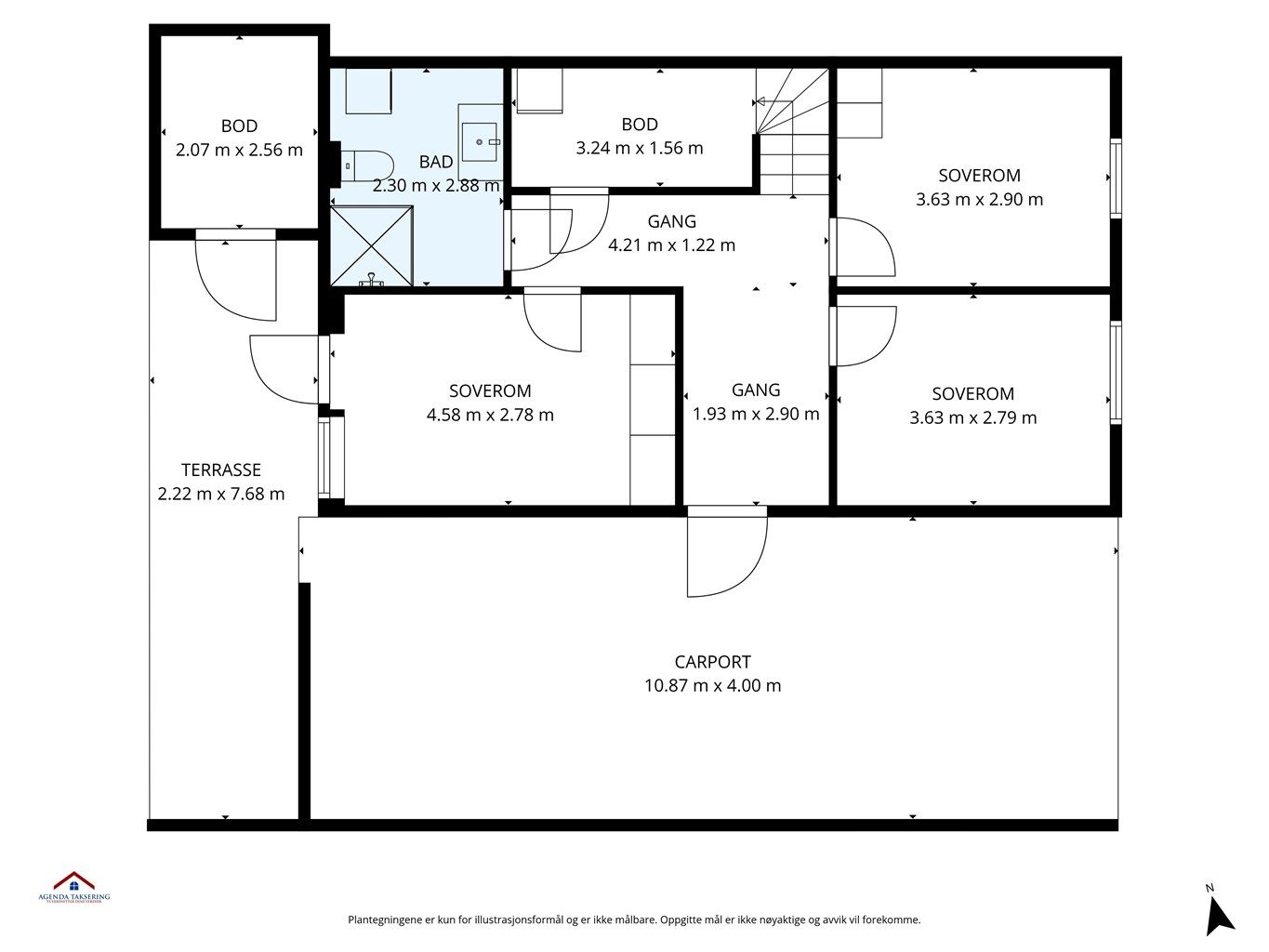 Plantegning med innvendige mål og himmelretning. 