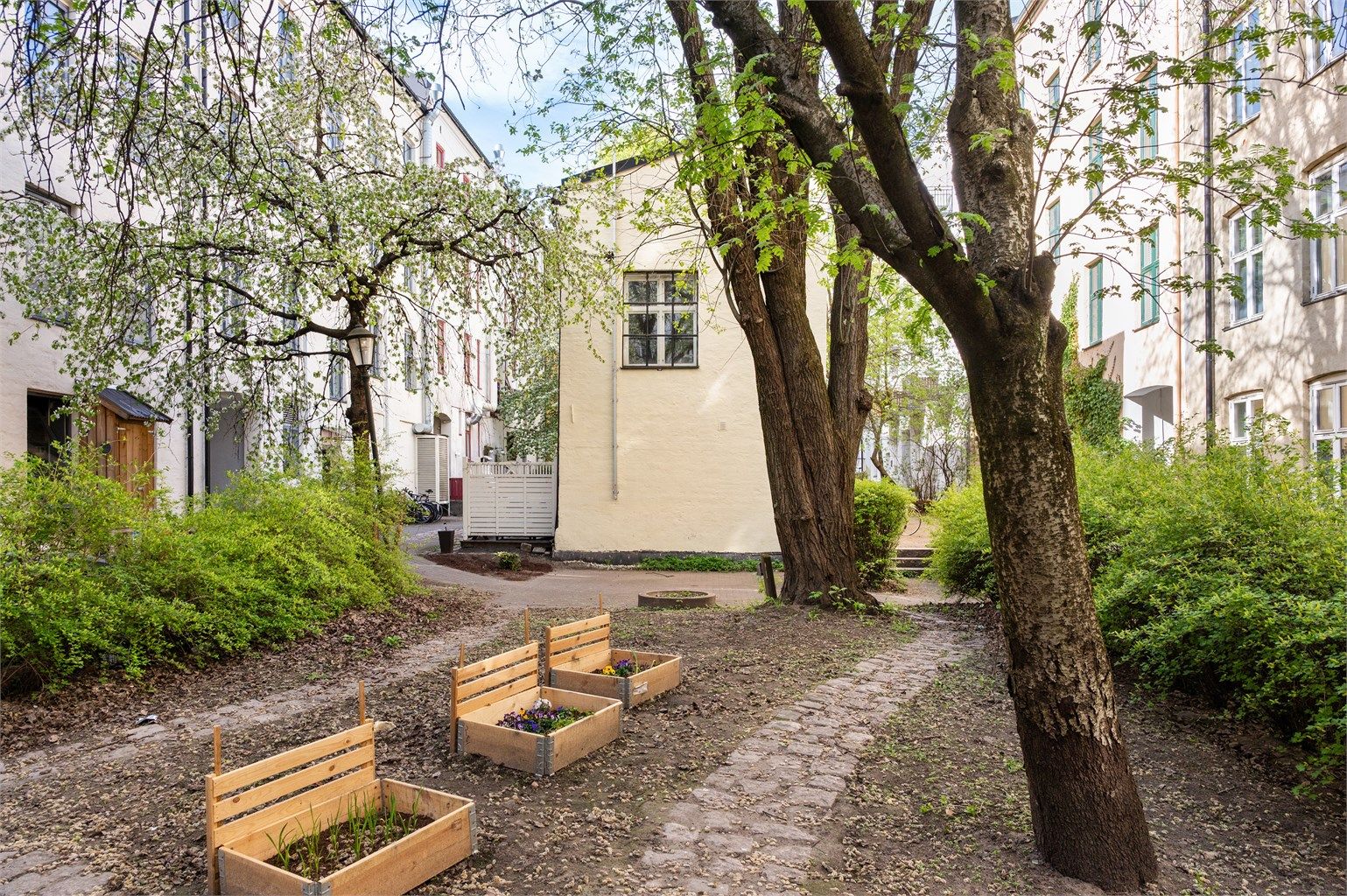Den felles bakgården i kvartalet har blant annet sykkelparkering, sittegrupper og beplantning. 