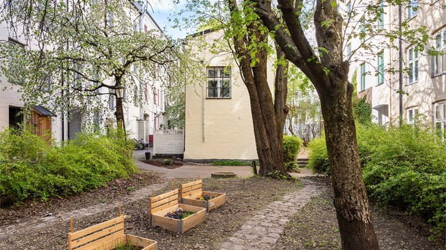 Den felles bakgården i kvartalet har blant annet sykkelparkering, sittegrupper og beplantning.