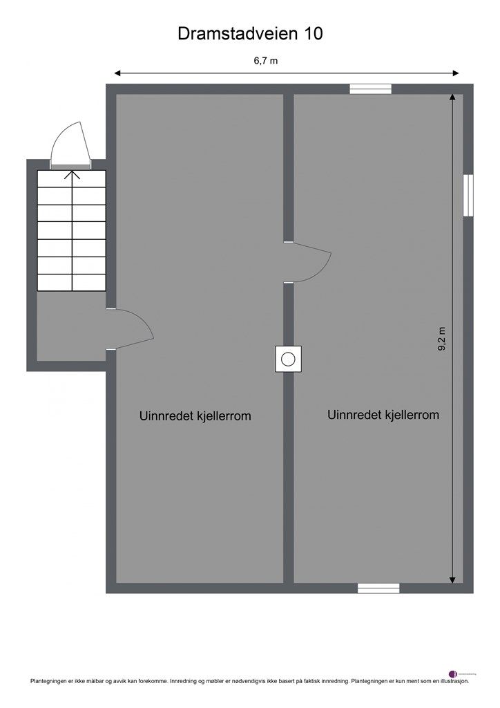 Kjelleren består av to uinnredede rom på totalt 67 m², som gir ytterligere lagringsplass.