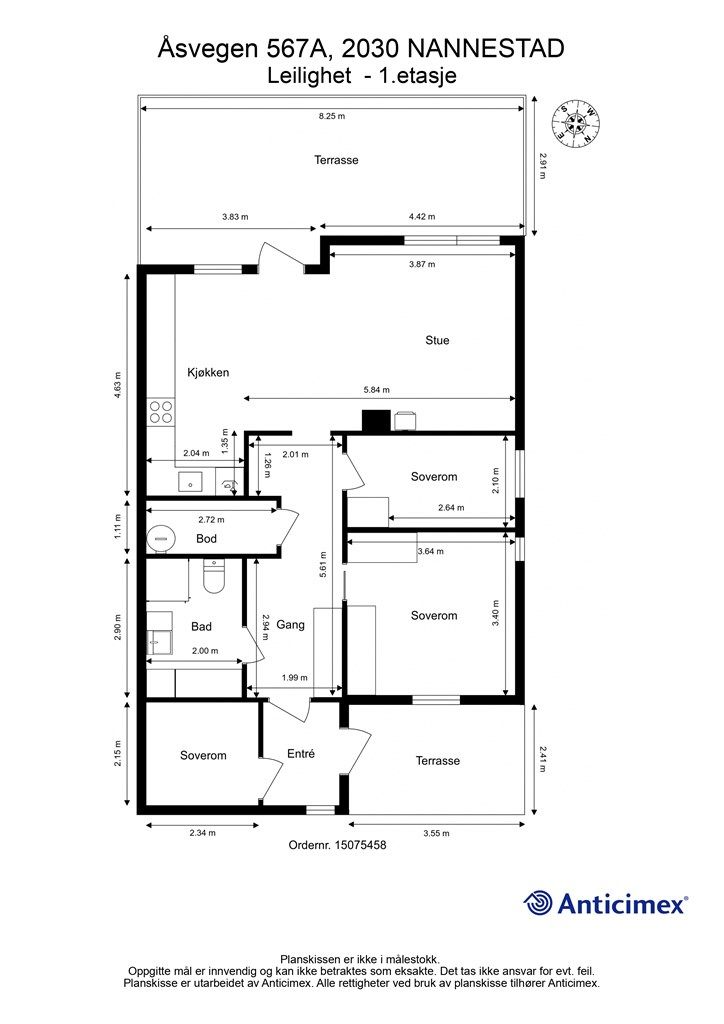 Plantegning med innvendige mål og himmelretning. 
