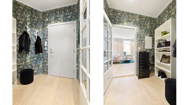 En praktisk entré med en dør som kan lukkes mot resten av leiligheten. Entrédøren har brannklasse B30 og lydklasse 35dB.