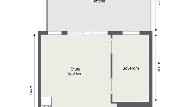 Arealeffektiv planløsning med åpen stue- og kjøkkenløsning, soverom, bad og entré. Direkte utgang til markterrasse.
