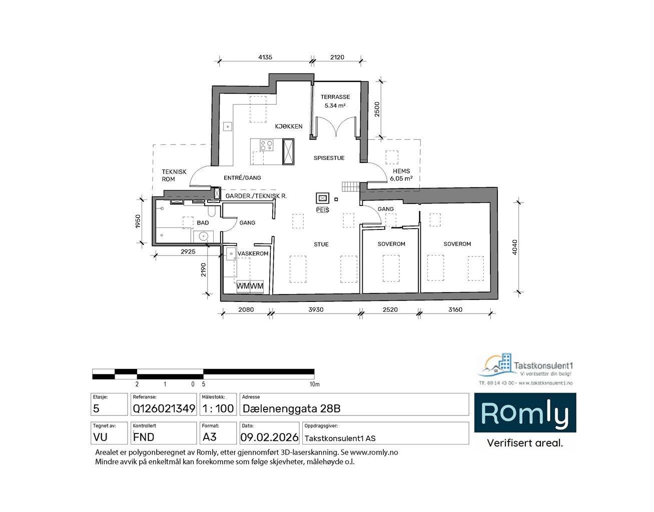 Arealeffektiv planløsning over 71 m² med to soverom, hems og åpen stue- og kjøkkenløsning.