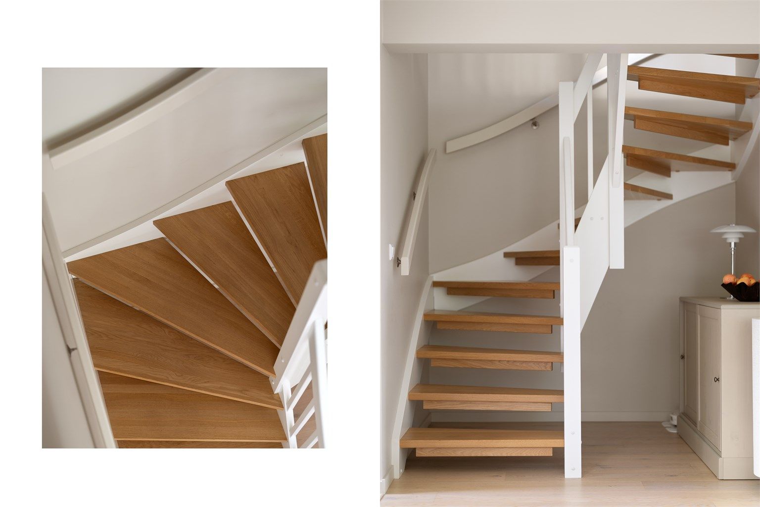 Trappen i trekonstruksjon med åpne trinn forbinder de to etasjene på en elegant måte.