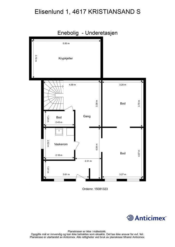 U. Etasje/Kjeller - 2D plantegning med mål