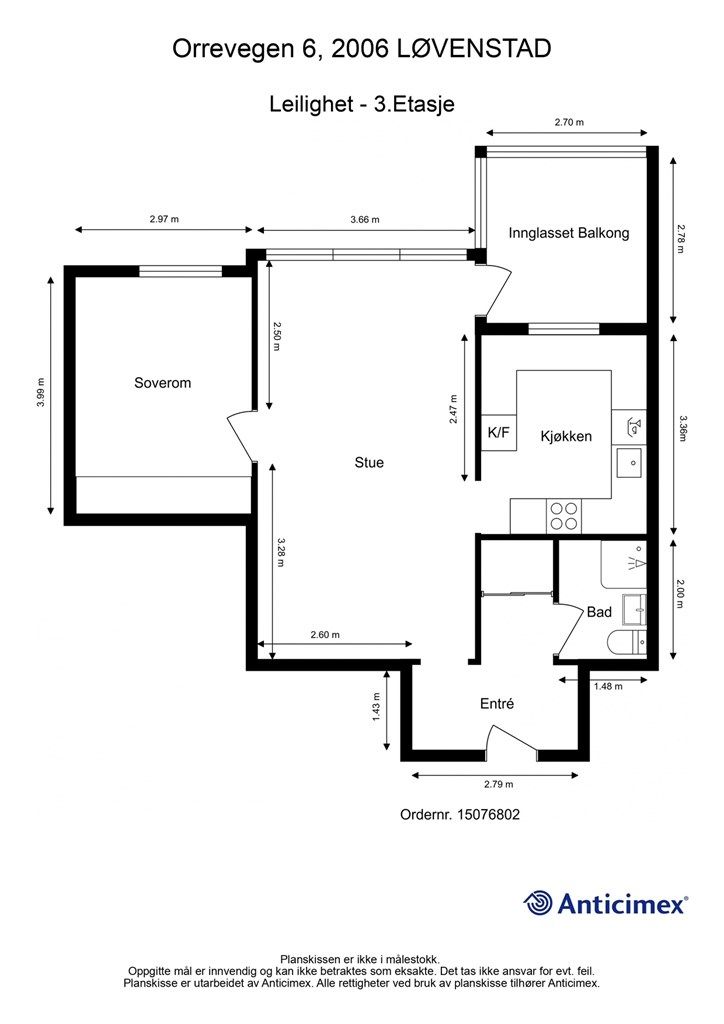 Plantegningen viser en arealeffektiv leilighet på 56 m² med entré, stue, kjøkken, bad og soverom