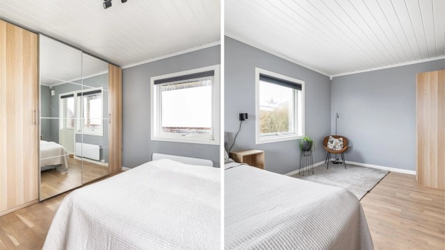 Hovedsoverommet er av generøs størrelse. Nye, store garderobeskap er satt inn etter oppussing.