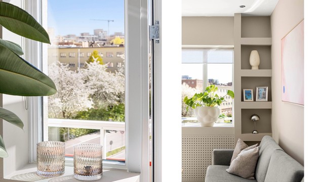 Plassbygde hyller i stuen gir en smart og elegant oppbevaringsløsning.