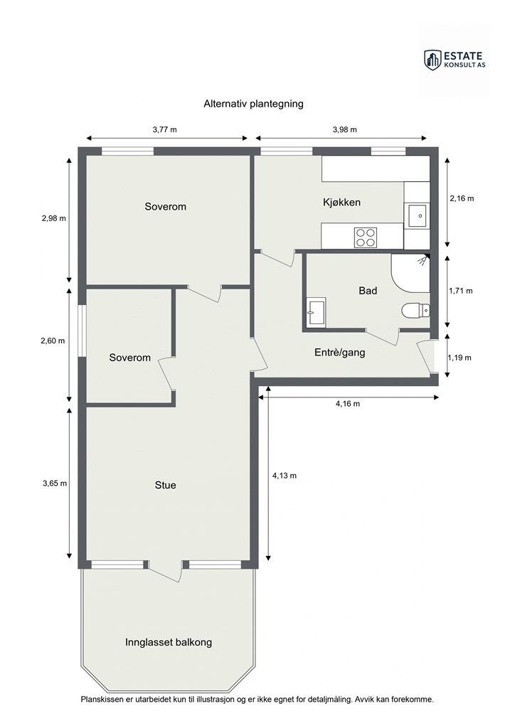Alternativ plantegning med utvidet bad.