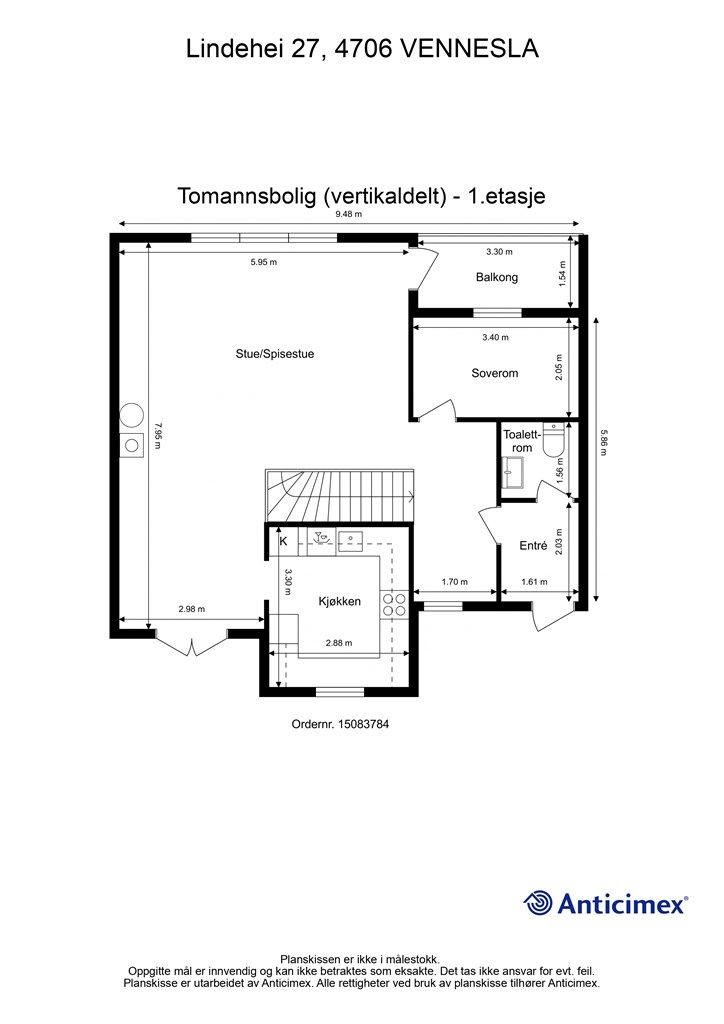 Plantegning med mål - 1.etasje