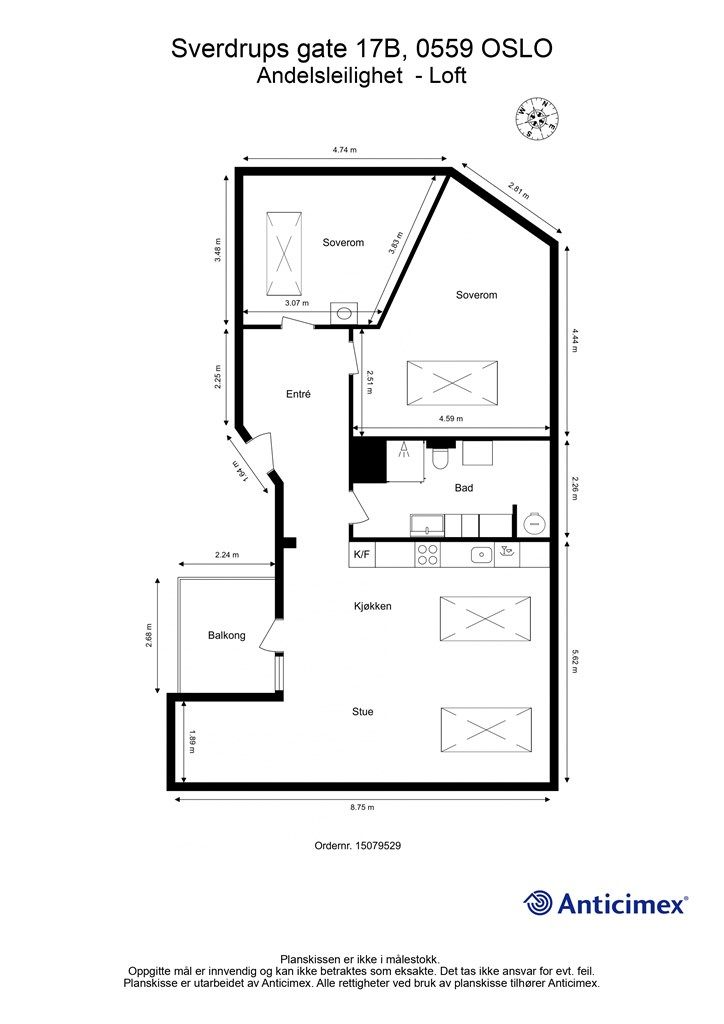 Leiligheten har en arealeffektiv planløsning med entré, to soverom, bad og åpen stue-kjøkkenløsning.