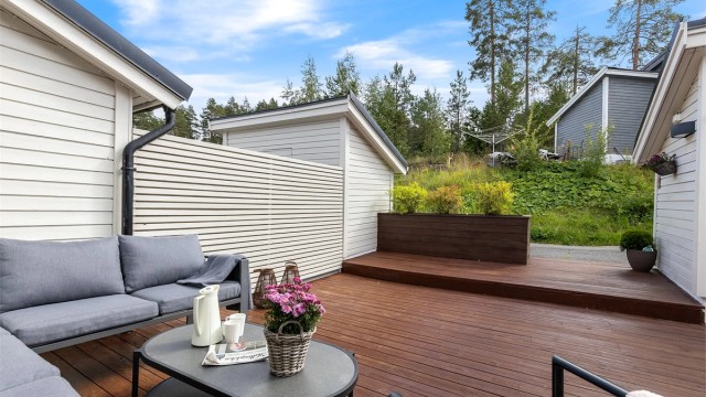 Terrassen ved inngangspartiet er sørvendt og gir muligheten til å nyte solen fra ca. 09 til 19.
