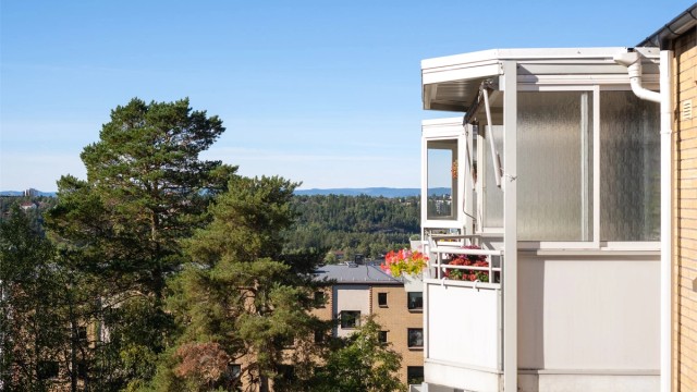 Utsyn fra balkongen mot frodige trær og skogkledde åser.