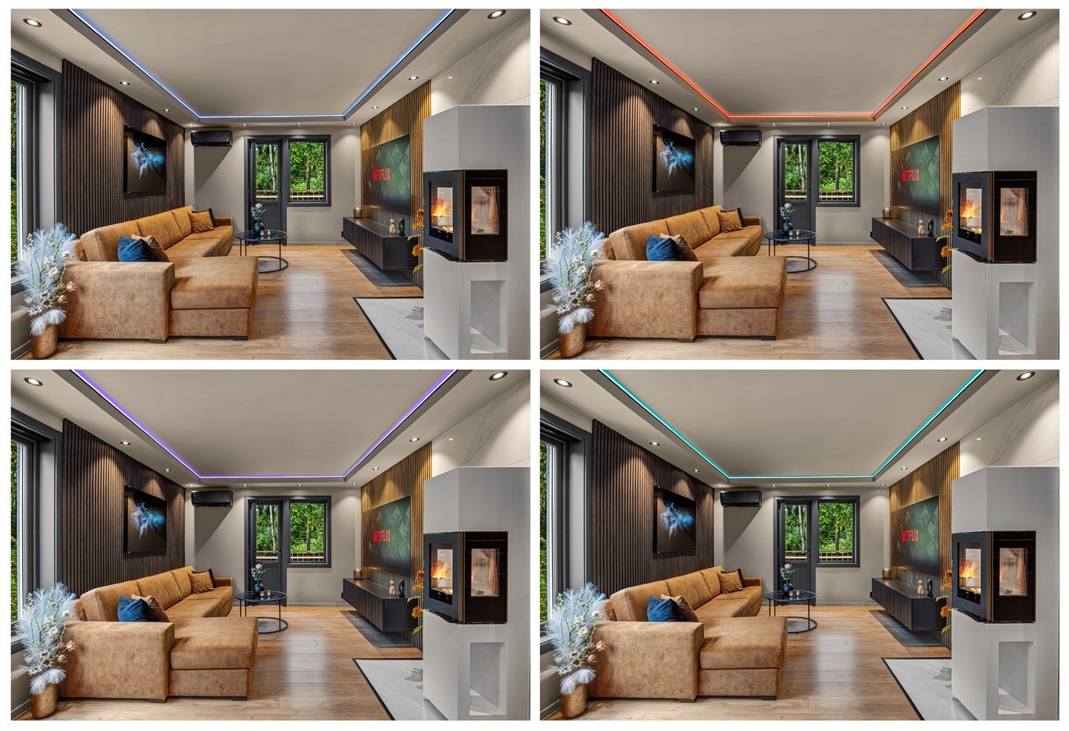 Taket i stuen ble nedfelt med kasser for downlights og lys-skinner med flere forskjellige lys-instillinger.