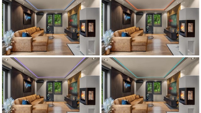 Taket i stuen ble nedfelt med kasser for downlights og lys-skinner med flere forskjellige lys-instillinger.