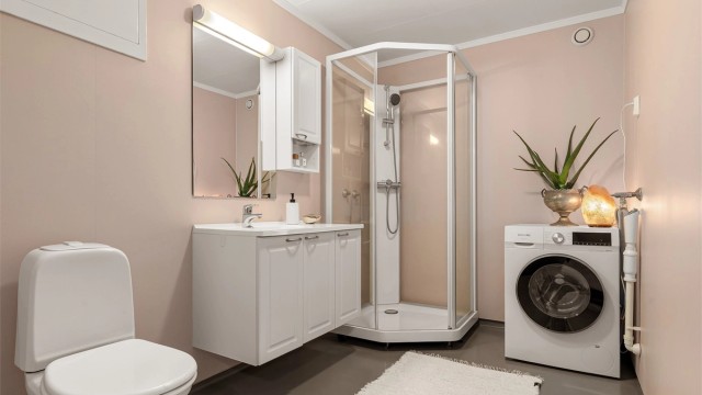 Tett dusjkabinett og plass til vaskemaskin på badet
