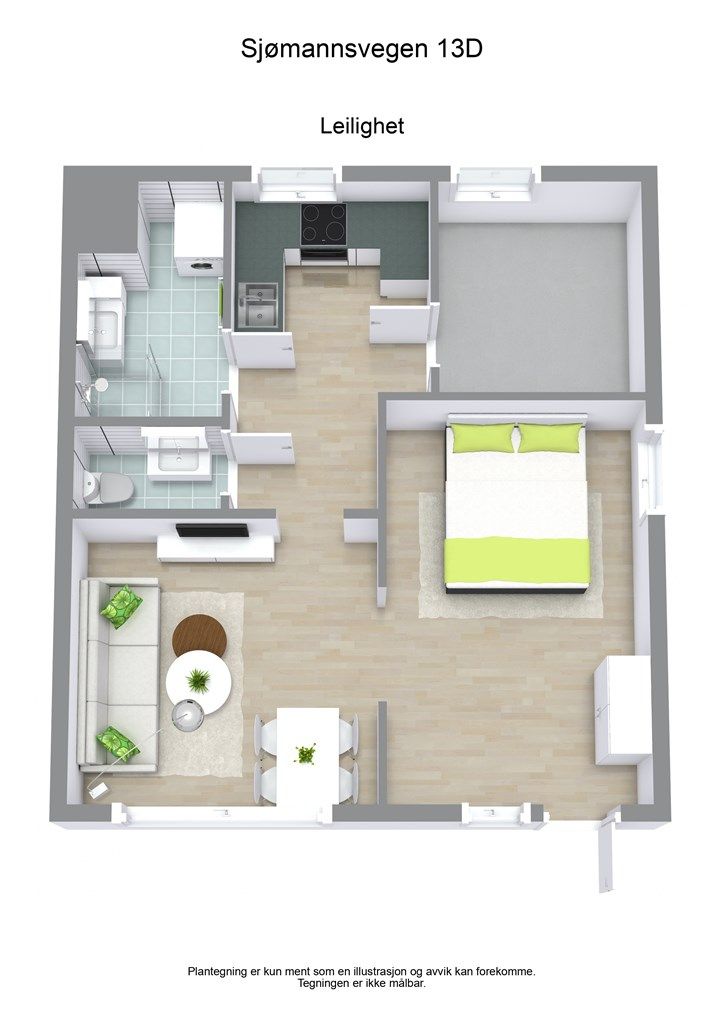 3D planløsning utleiedel i underetasjen. Denne bruksendringen er ikke omsøkt eller godkjent av kommunen.