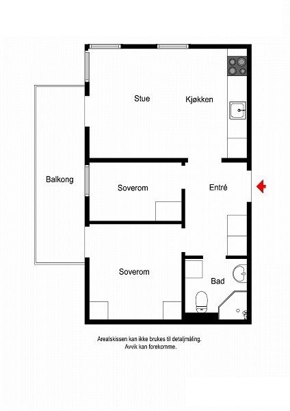 Planskissen viser en optimalt utnyttet 3-roms med plass til kjærnefamilien