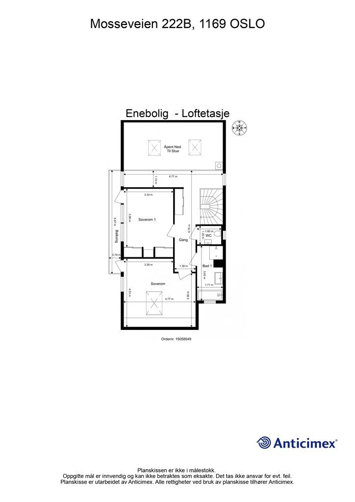 Loftsetasjen er en privat sone med to soverom, bad og et separat toalettrom. Etasjen har gjennomgående parkettgulv og malt panel.