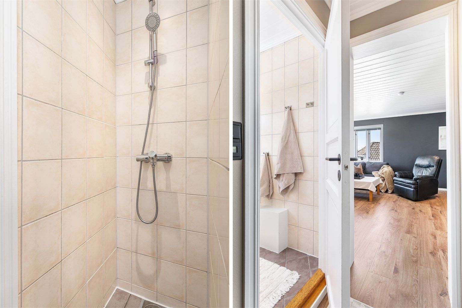 Gulvet utenfor dusjsonen har fall mot baderomsdøren. 