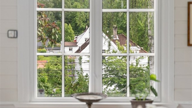 Utsikt fra spisestuen mot det etablerte nabolaget.