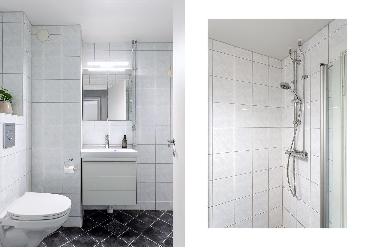 Badet har flislagte overflater, gulvvarme og en funksjonell planløsning.