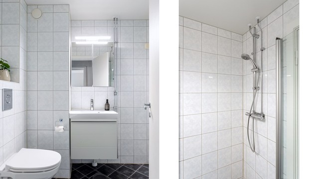 Badet har flislagte overflater, gulvvarme og en funksjonell planløsning.