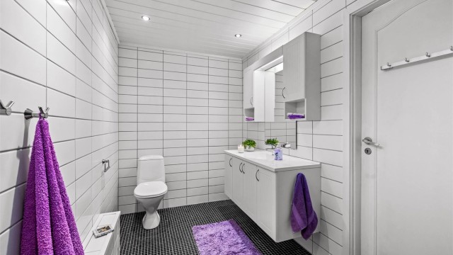 Rommet har flislagte overflater, vegghengt servantskap og panel i himling med downlights.