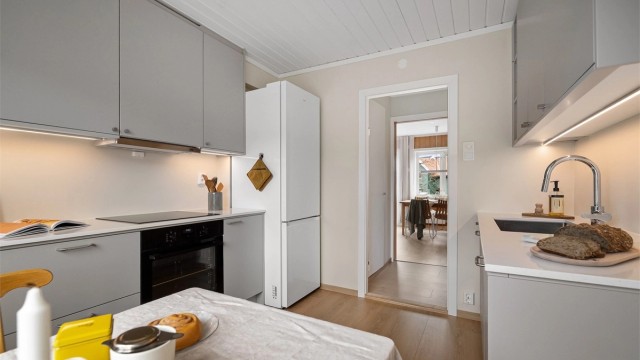 Glatte fronter i lys grå utførelse, benkeplate i stein og underlimt, rustfri oppvaskkum med ett-greps armatur