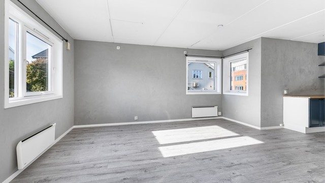 Romløsningen er av det effektive slaget; kjøkkenet sømløst forbundet med den romslige stuen.