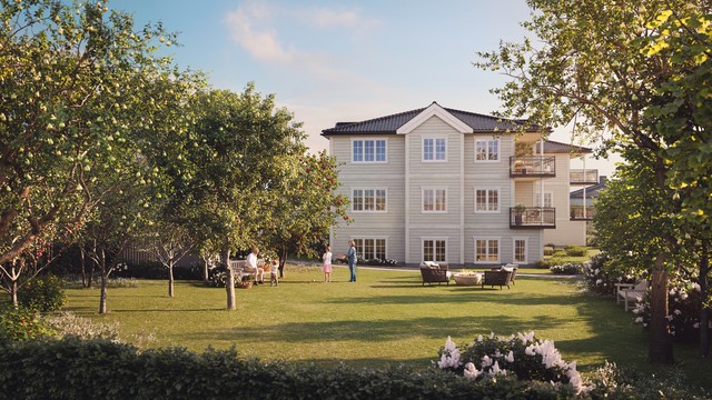 Illustrasjon av prosjektet som er under bygging i Marienlundveien 8. Illustrasjonen viser hvordan eiendommen vil se ut fra Jomfrubråtveien 84D. Stort grøntareal mellom byggene