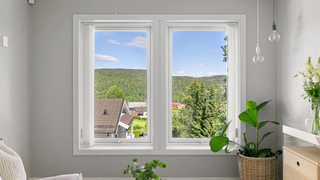 Utsikt fra stuen mot de grønne omgivelsene