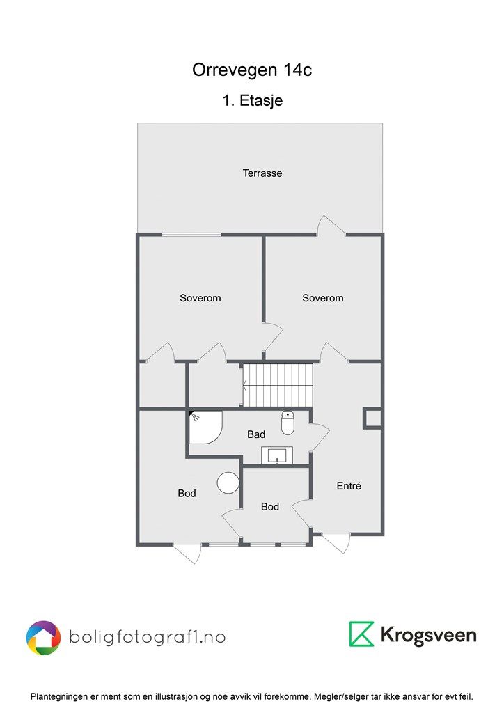 Plantegning 1. etasje. Det gjøres oppmerksom på at deler av badet er i opprinnelige byggetegninger godkjent som bod. Endringer er ikke byggesøkt og godkjent hos kommunen.