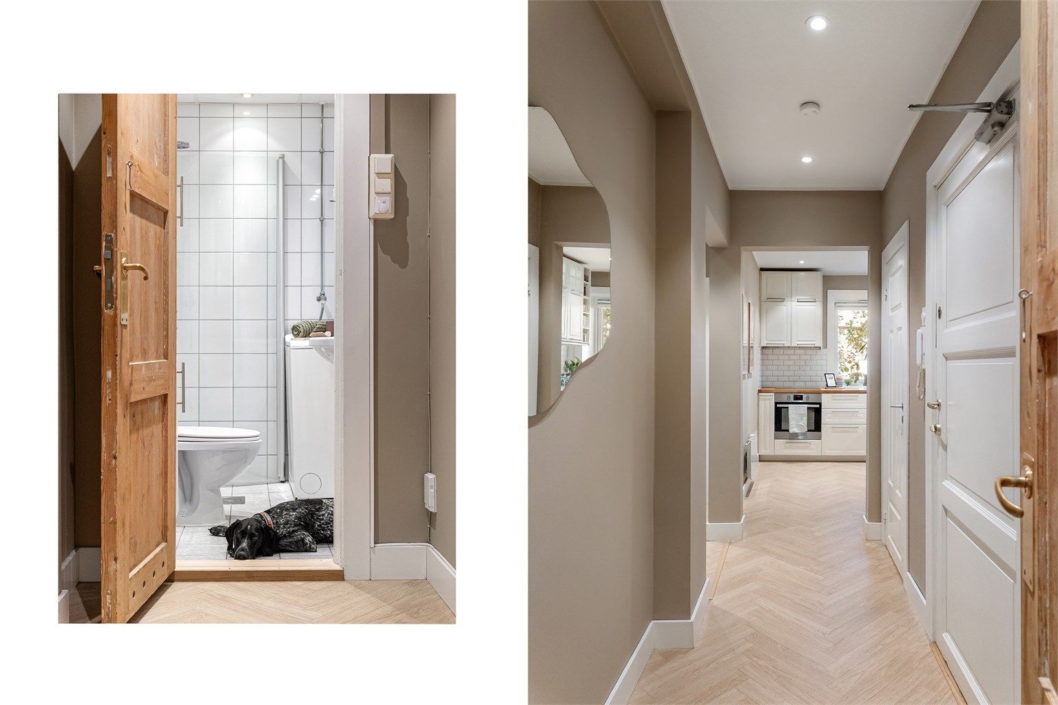 Entréen binder leiligheten fint sammen, med innfelte downlights i himlingen og naturlig overgang til både bad og kjøkken. Gulvvarmen på badet har fått godkjent av husets firbente kvalitetskontrollør.