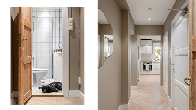 Entréen binder leiligheten fint sammen, med innfelte downlights i himlingen og naturlig overgang til både bad og kjøkken. Gulvvarmen på badet har fått godkjent av husets firbente kvalitetskontrollør.