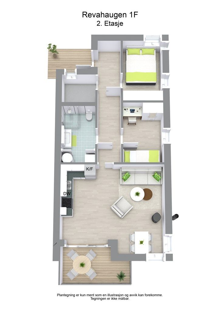 3D-plantegning av 2. etasje.