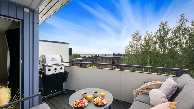 Sydvendt balkong med skjermvegg og fint utsyn over nærområdet.