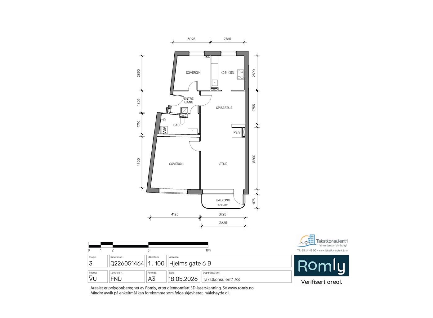 Smart og velfungerende planløsning på 77 m² med to gode soverom og delvis åpen løsning mellom kjøkken og stue.