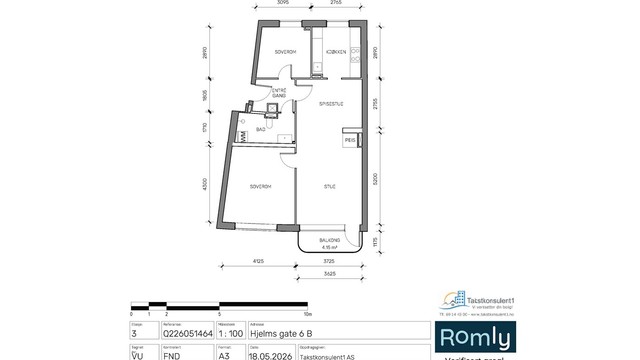 Smart og velfungerende planløsning på 77 m² med to gode soverom og delvis åpen løsning mellom kjøkken og stue.