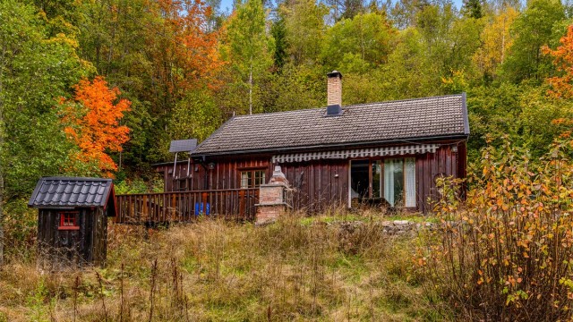 Hytta står på tomtas høyeste plass.